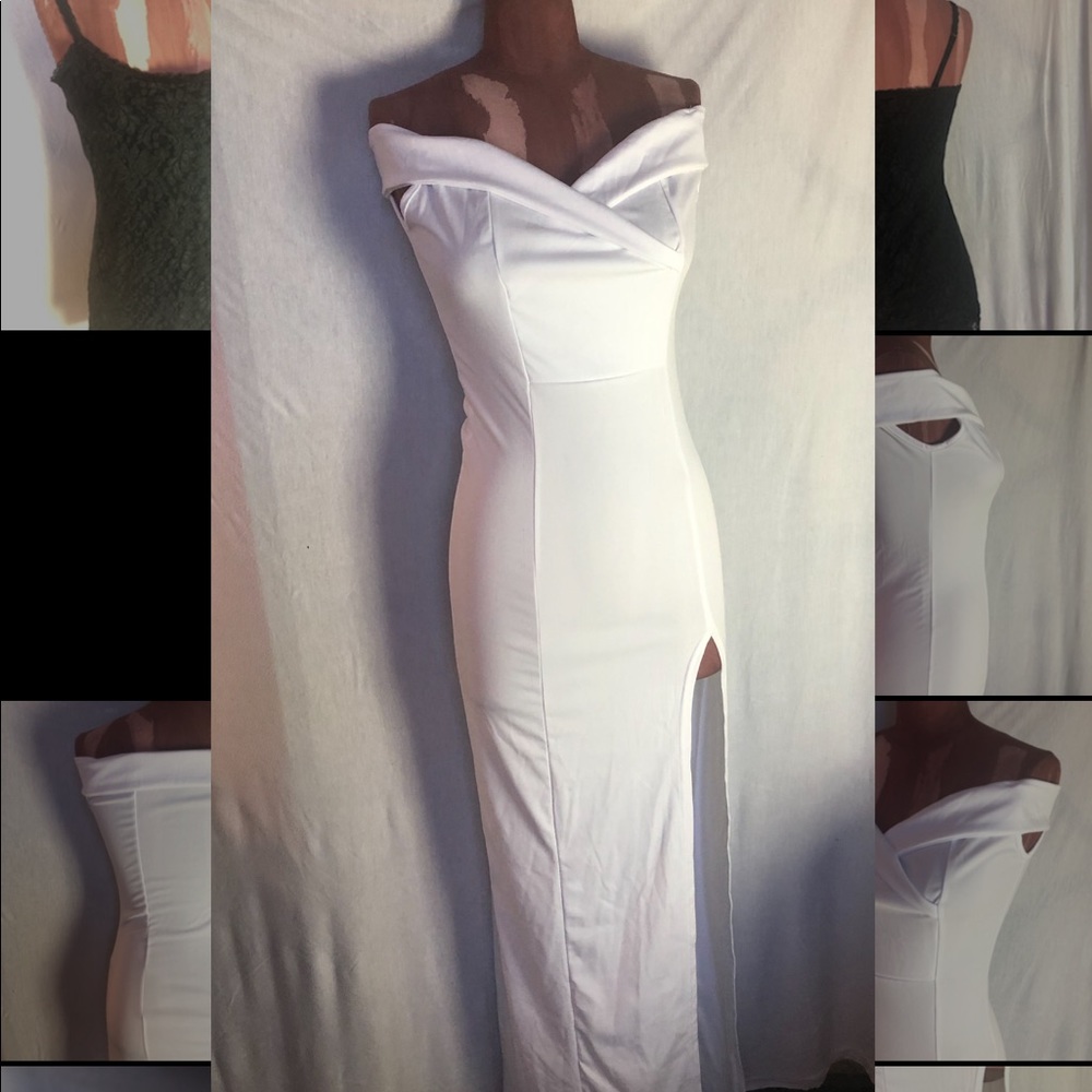 White off the shoulder slit dress, long. Lulus